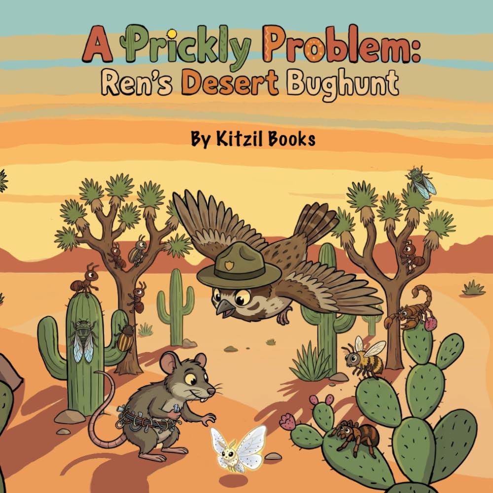Cover of A Prickly Problem: Ren's Desert Bughunt by Kitzil Books, featuring Ranger Ren flying over a desert with a woodrat, moth, cacti, and insects.